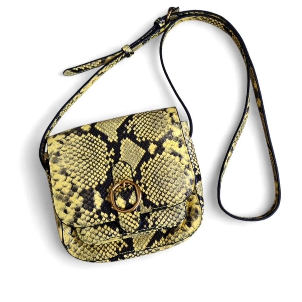 Banana Republic Leather Snakeskin Print Saddle Crossbody Bag Yellow Black EUC